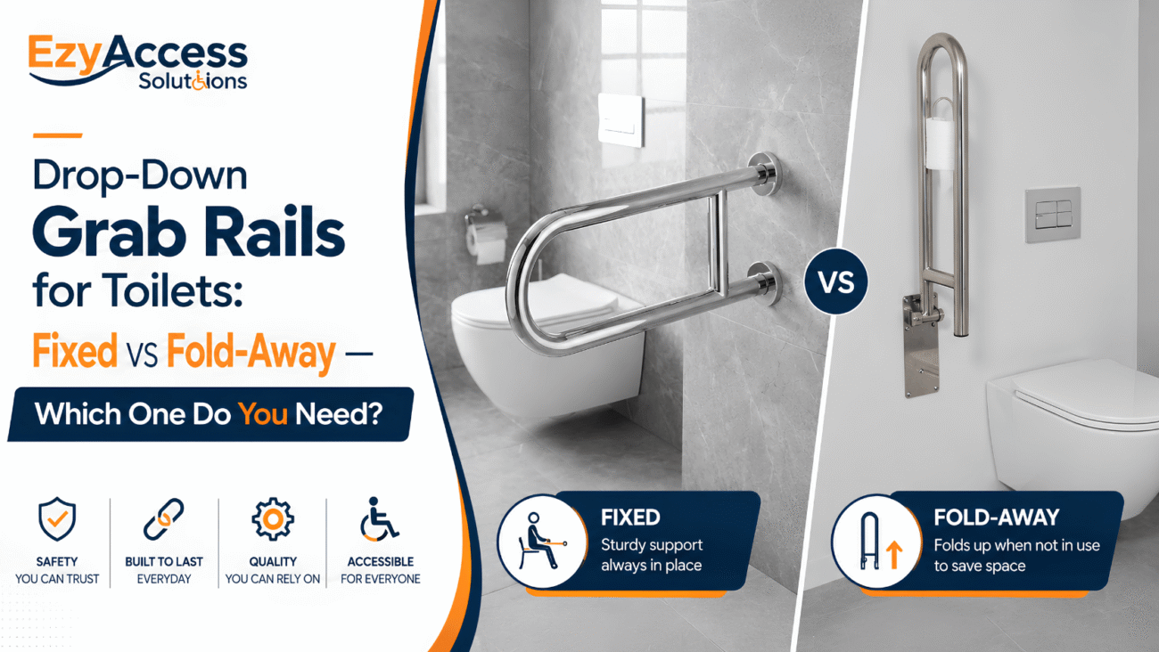 Drop-down grab rail for toilet shown folded up and folded down for use