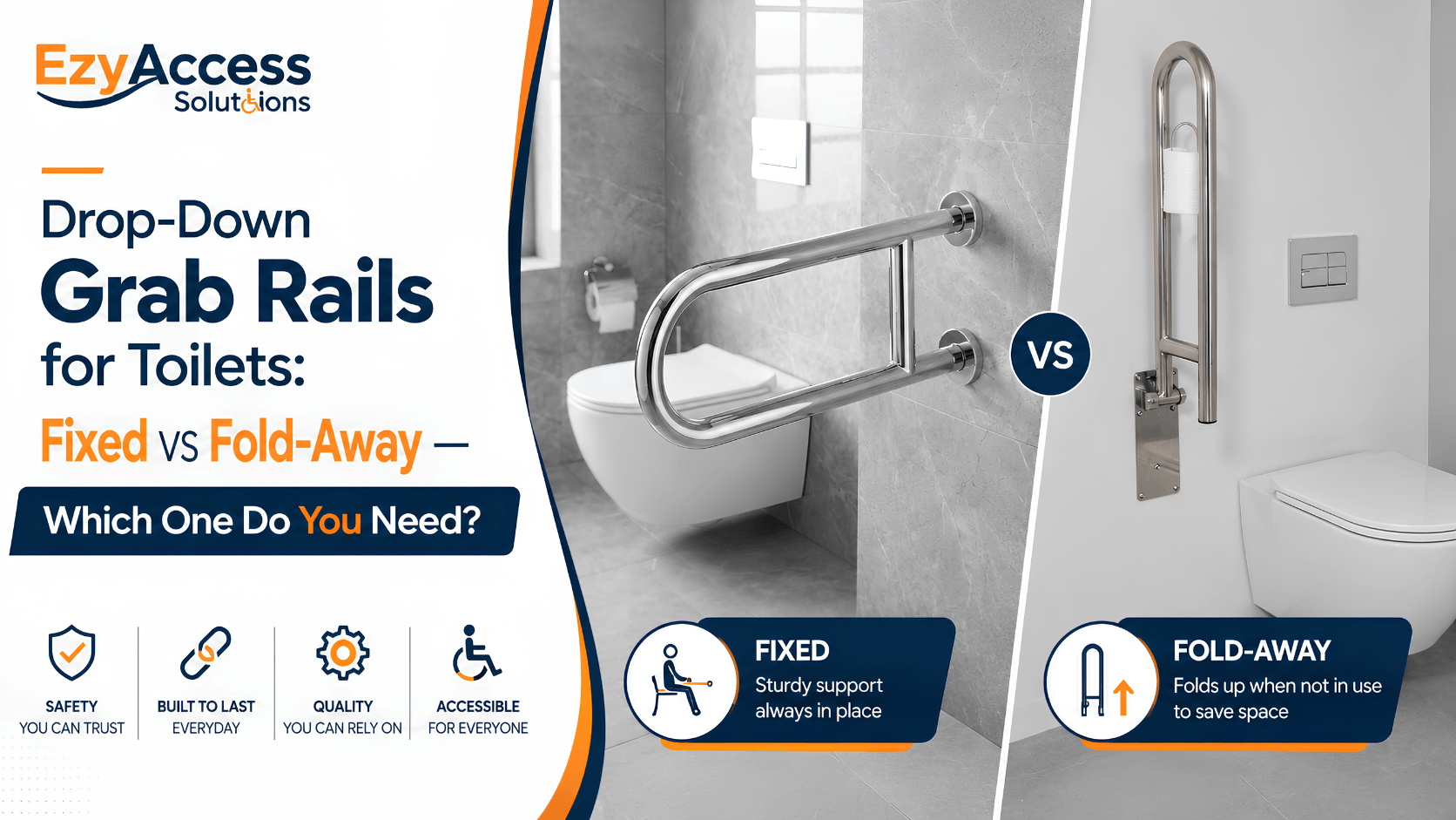 Drop-down grab rail for toilet shown folded up and folded down for use