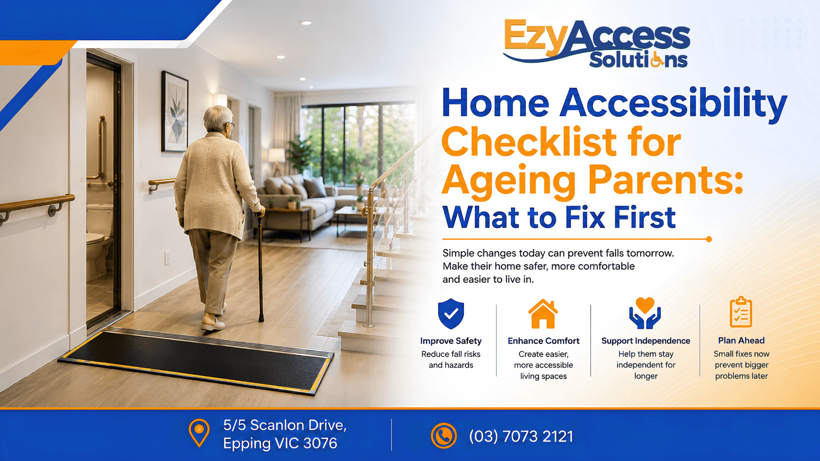 Elderly woman using a cane crosses a threshold ramp in an accessible home hallway