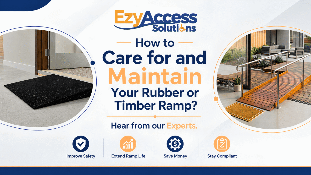 Clean rubber threshold ramp and timber ramp with handrails showing proper ramp maintenance