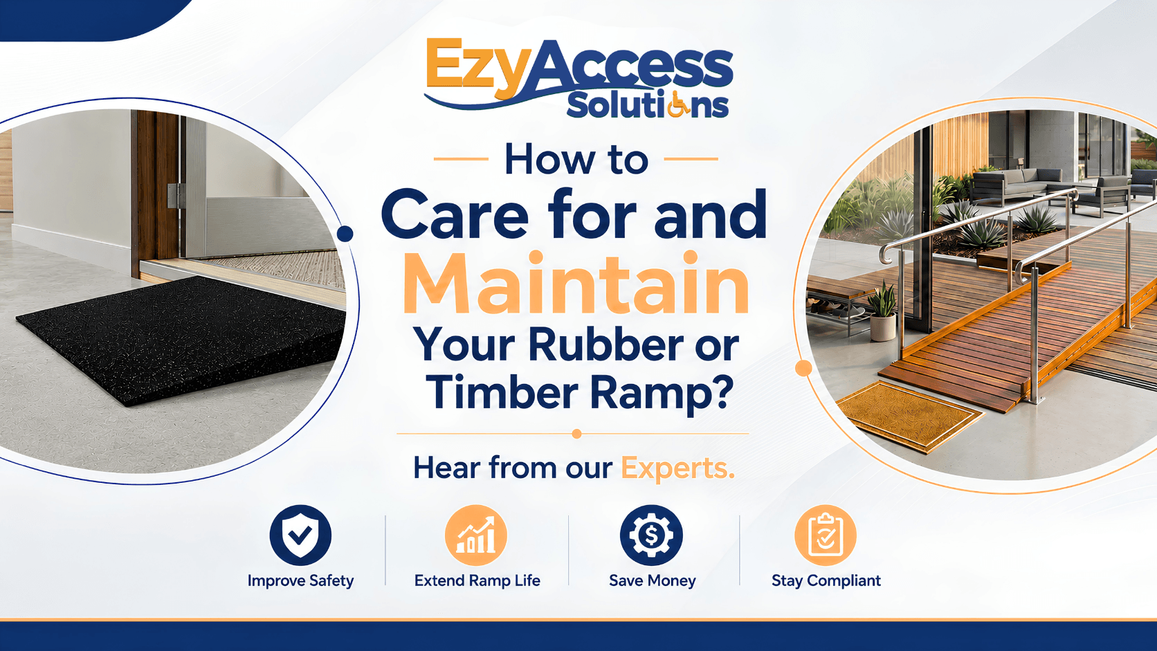 Clean rubber threshold ramp and timber ramp with handrails showing proper ramp maintenance